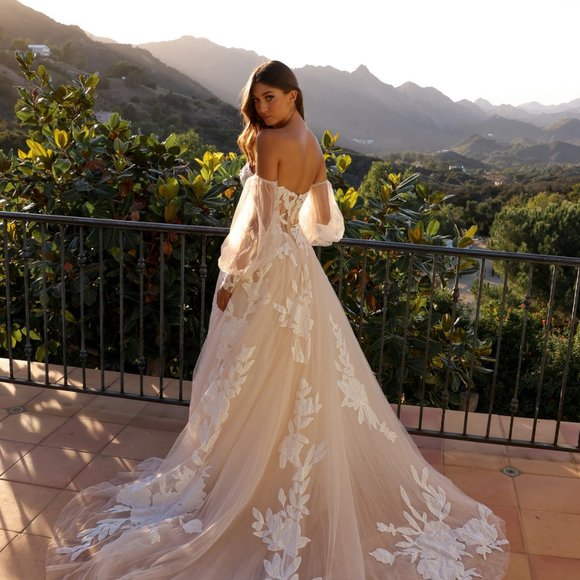 NEW LONG FORMA WEDDING BALL GOWN W/ LACE DETAILS & REMOVABLE SLEEVES AC JE990L - Picture 8 of 10